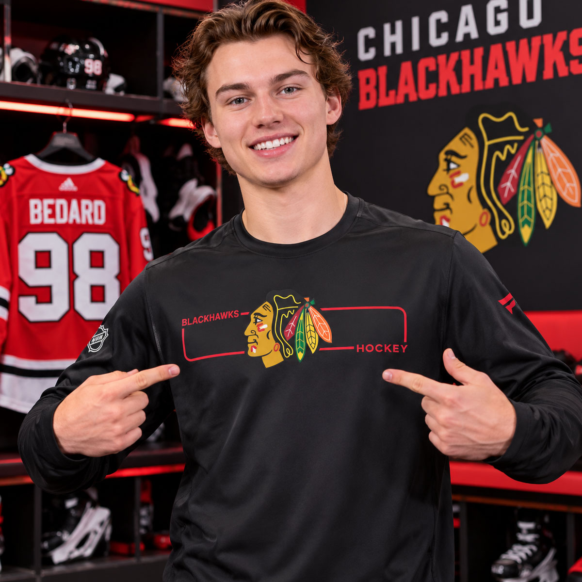Connor Bedard #98 Chicago Blackhawks Hockey Long Sleeve Shirt 1 Connor Bedard #98 Chicago Blackhawks Hockey Long Sleeve Shirt