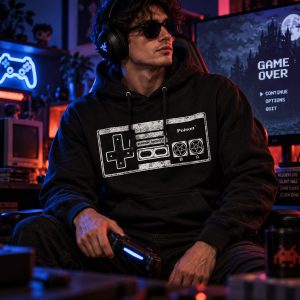 Distressed Video Game Controller Hoodie – Black Retro Gamer Pullover