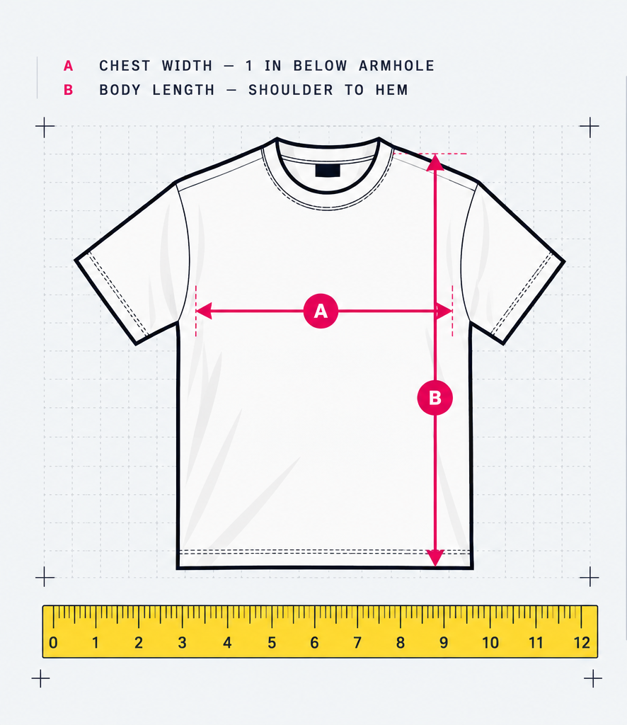 Diagram of a T-shirt laid flat with chest width and body length marked