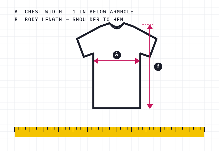 Diagram of a T-shirt laid flat with chest width and body length marked