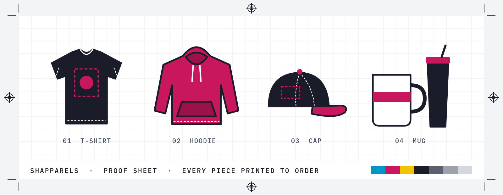 Proof sheet illustration of a T-shirt, hoodie, cap and mug with crop marks and a CMYK colour bar
