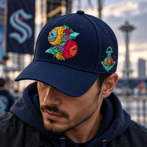 2026 Seattle Kraken Skull and Rose Embroidered Hat – Navy Blue Cap